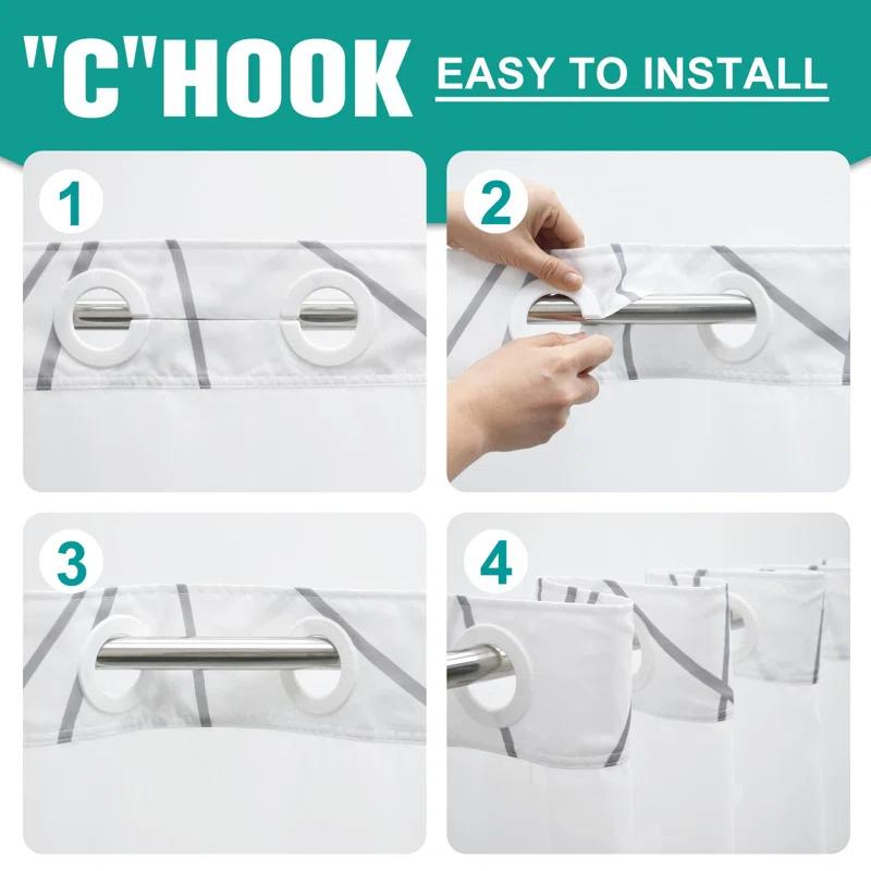 Ivy Bronx No Hook Grey White Striped Shower Curtain With Snap In Fabric Liner Set - Hotel Liner Set With See Through Mesh Top Window,Machine Washable, 71X74 INCH