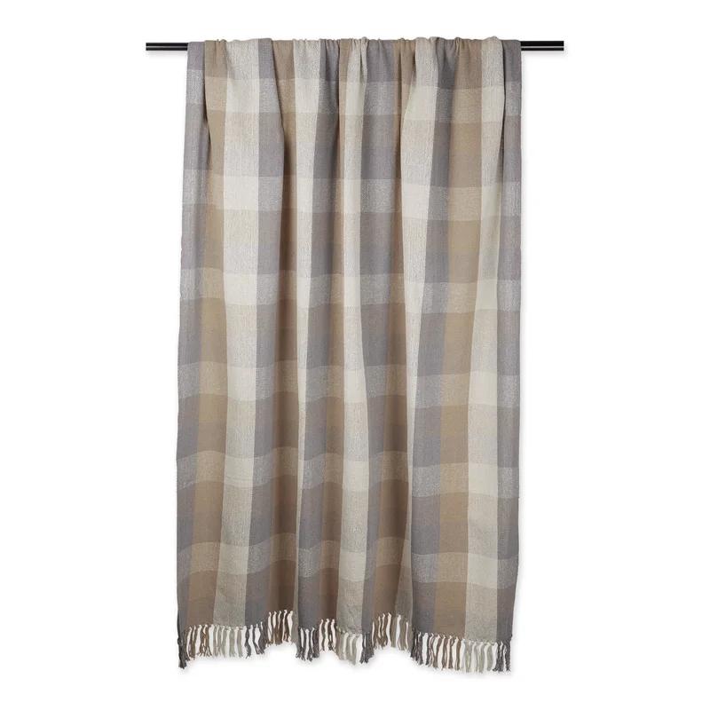 Reversible Beige and Gray Cotton Throw Blanket with Fringe