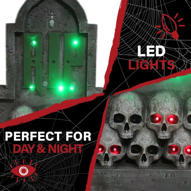 Haunted Hill Farm Haunted Hill Farm 2 ft. RIP Tombstone with Skulls, Pre-Lit LED RIP and Skull Eyes Gothic Décor