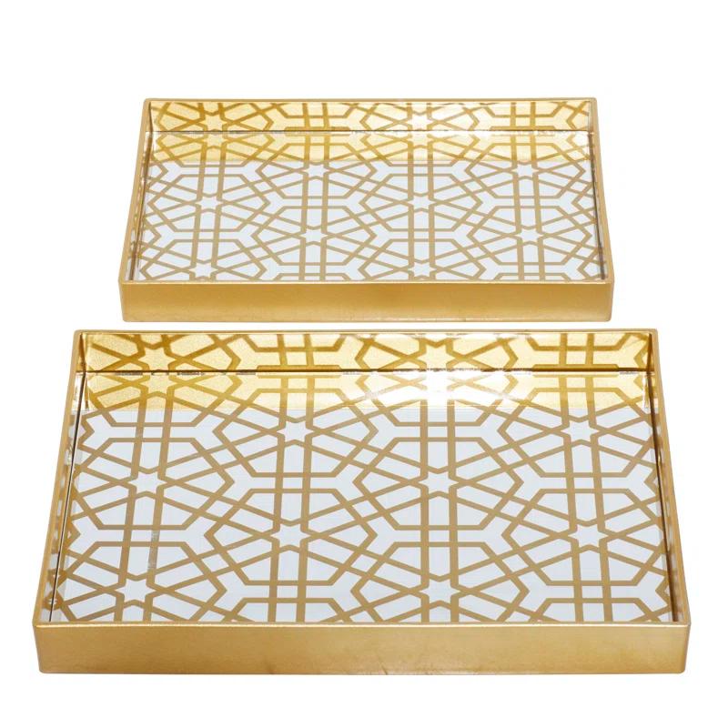 CosmoLiving by Cosmopolitan Plastic Mirrored Geometric Decor Gold Tray Set