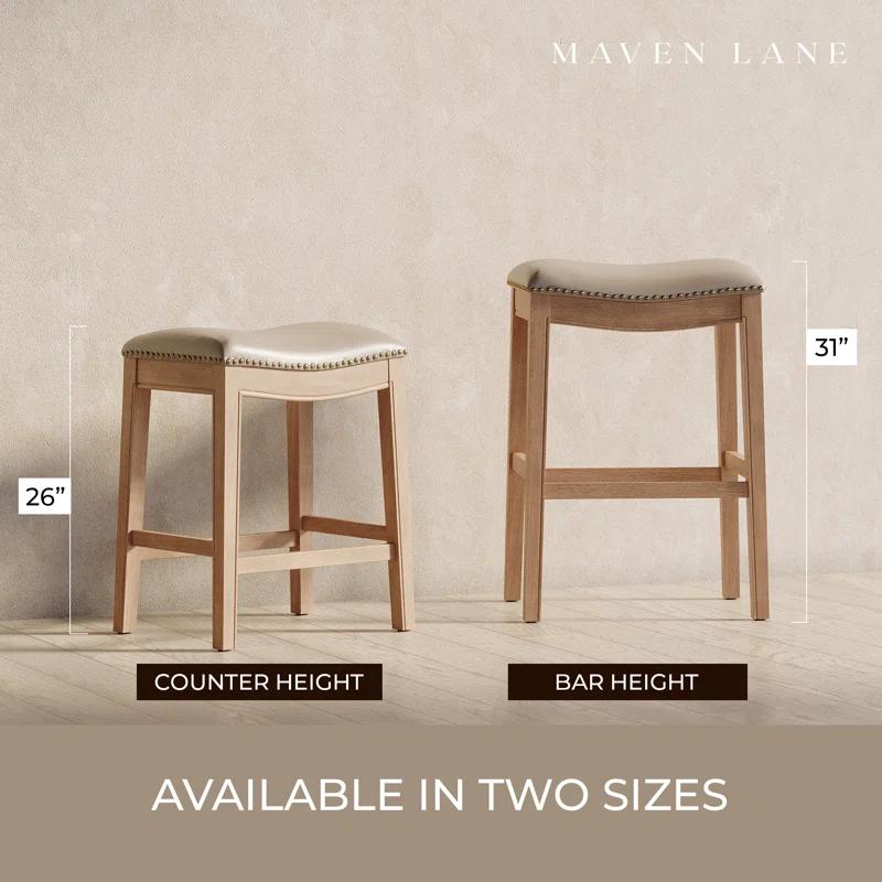 Maven Lane Adrien Saddle Kitchen Counter Stool in Weathered Oak w/ Avanti Bone Vegan Leather