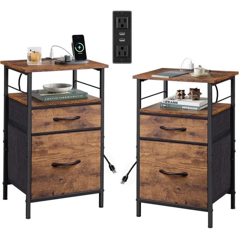 17 Stories Nightstand  With Charging Station, USB Ports And Outlets Bedside Side Tables With Fabric Drawers | Wayfair