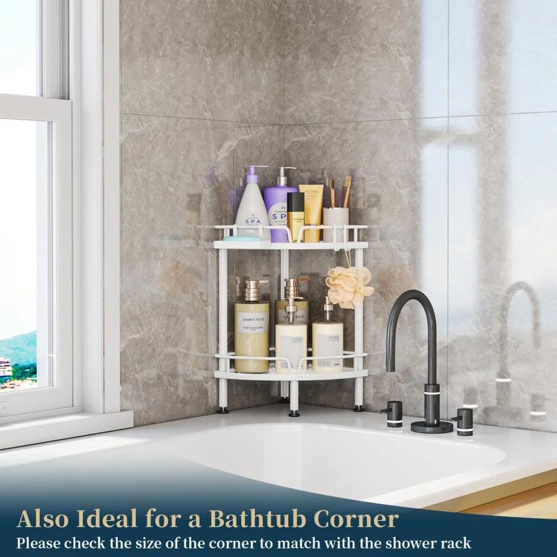 Rebrilliant Corner Shower Caddy Stand Shower Organizer With Soap Holder, Standing Tall Floor Shower Stand With Adjustable Feet & 2 Hooks, Shower Shelf Rack Storage For Bathroom,(White/2 Tier)