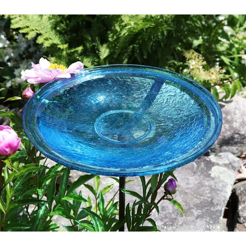 Winston Porter Crackle Glass Birdbath Bowl with Stake, 14-in