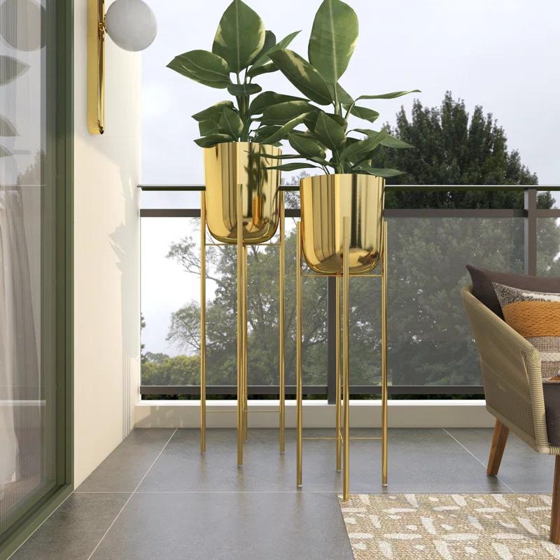 CosmoLiving by Cosmopolitan 2 - Piece Silver Metal Tall Indoor Outdoor Dome Indoor Outdoor Planter with Removable Stand Set