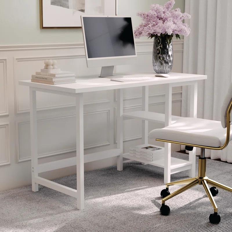 White Wood Grain Home Office Trestle Desk with Shelves