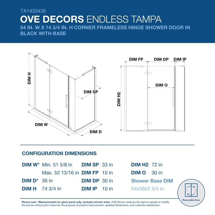 Ove Decors Endless Tampa 54" W x 72" H Corner Frameless Shower Kit, Door, Panel, Base TA1433430