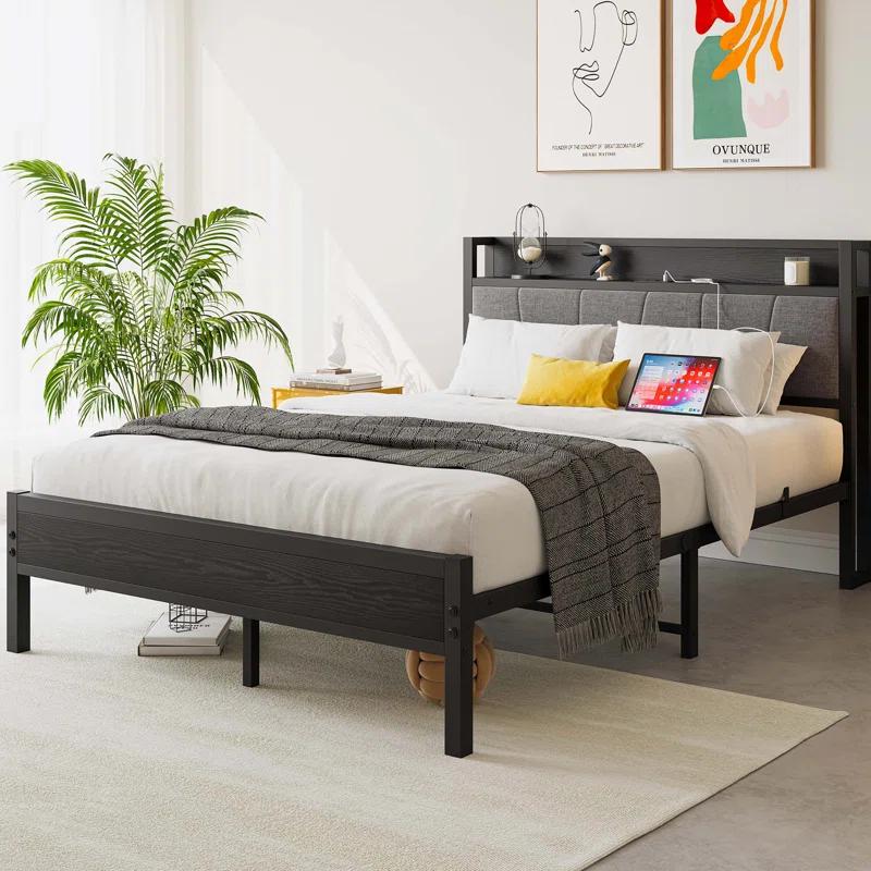 Bed Frame, Storage Headboard with Charging Station