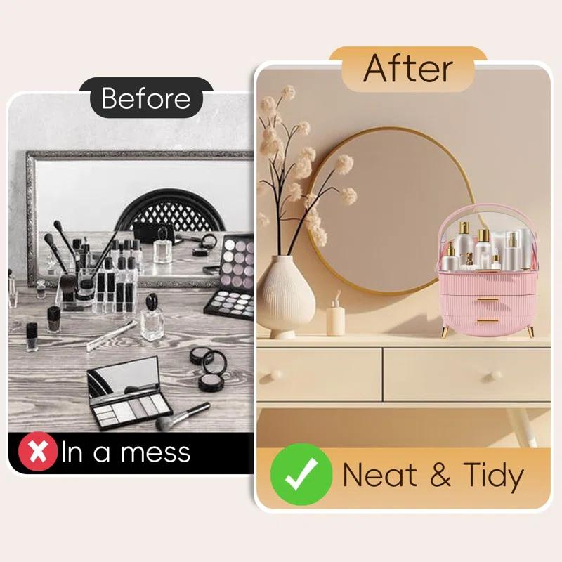 Rebrilliant Makeup Organizers And Storage, Make Up Organizer For Vanity Cosmetics Skincare Organizers With Lid And Drawers Display Cases For Countertop(Pink)