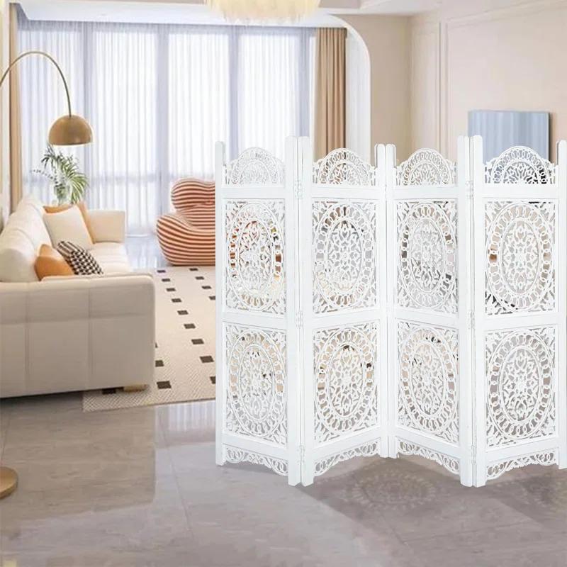 Canora Grey Light & Pro Wood Heart Design Handmade Hinged Foldable Partition 4 Panel Room Divider Screen With Intricately Carved Designs, Pre Assembled - Ready To Use - 48" X 64"