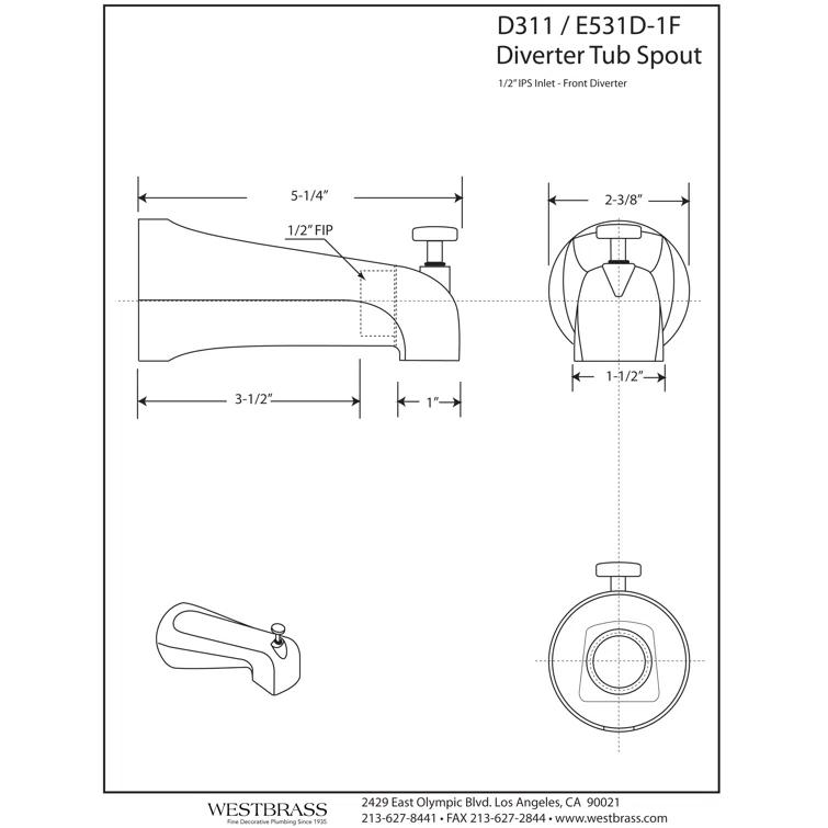 Westbrass 5-1/2" Reach Brass Wall Mount Tub Spout with Nose Diverter D311-62
