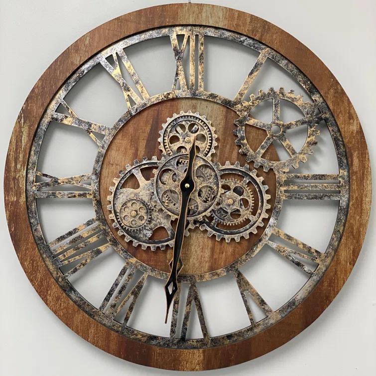 The Gears Clock Wall Clock 24" Round Oversized for Living Room decor with Real Moving Gears America Collection