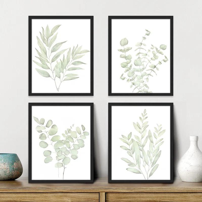 IDEA4WALL Minimal Botanical " IDEA4WALL Framed Pastel Watercolor Green Leaves Wall Art, Set Of 4 Nature Wilderness Wall Decor Prints, Botanical Floral Wall Decor For Living Room, Bedroom " 4 - Pieces