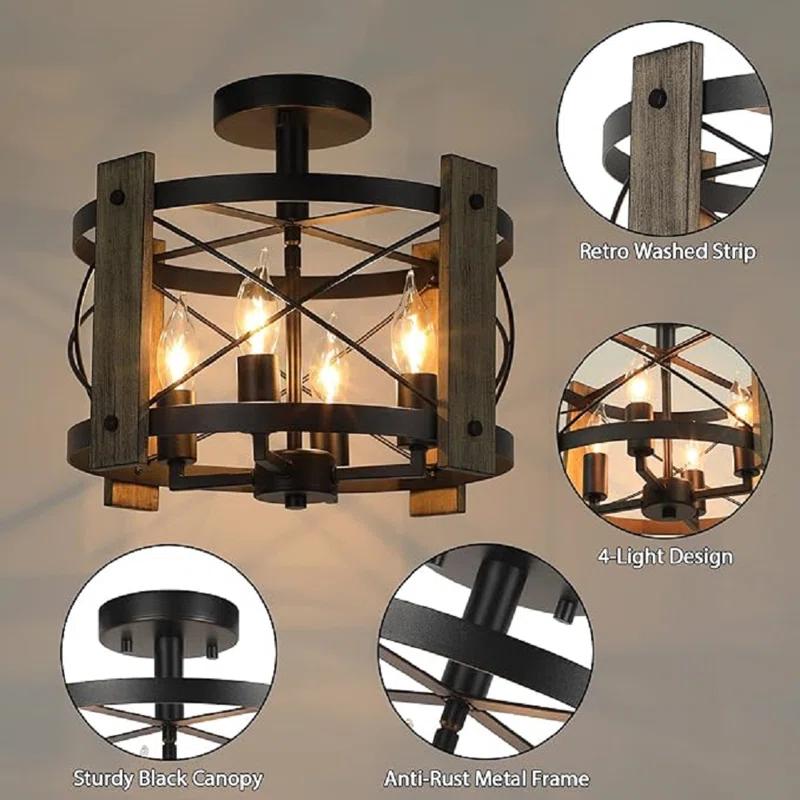 Williston Forge Farmhouse Rustic Light Fixture Ceiling Mount, Semi Flush Mount Ceiling Light Fixture, 4-Light Black Industrial Retro Washed Ceiling Light For Kitchen Dining Room Bedroom Hallway Bathroom