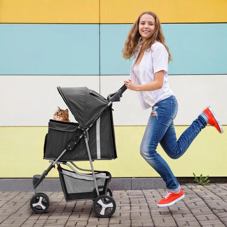 ATCHISON Foldable Pet Stroller, 3 Wheels Folding Carrier Jogger Stroller for Dogs Cats with Canopy and Basket