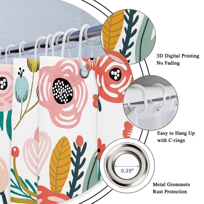 Red Barrel Studio® Pink Floral Shower Curtain For Bathroom Decor 72Wx72h Watercolor Colorful Flower Tropical Leaves Spring Botanical Sage Green Art Printed Fabric Polyester Waterproof 12 Pack Plastic Hooks