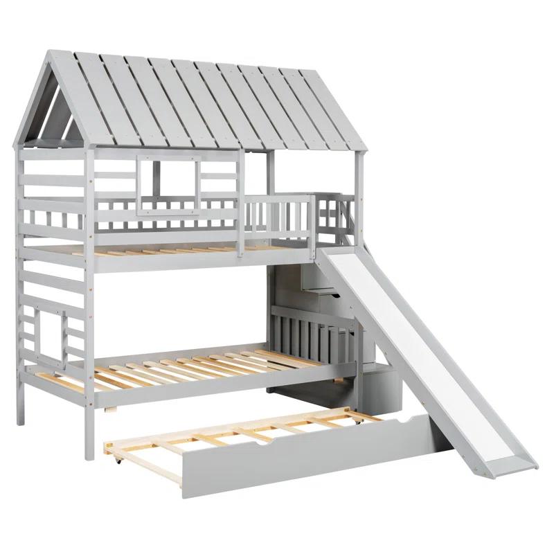 Harper Orchard Twin Over Twin House Bunk Bed With Trundle And Slide