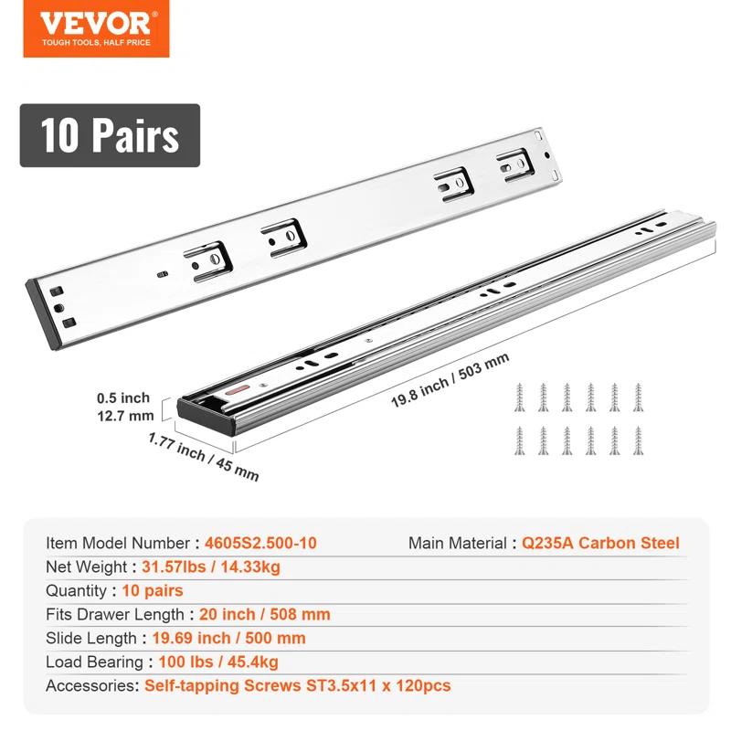 Full Extension 1.77'' Soft Close Side Mount Metal Drawer Slide (Set of 10)