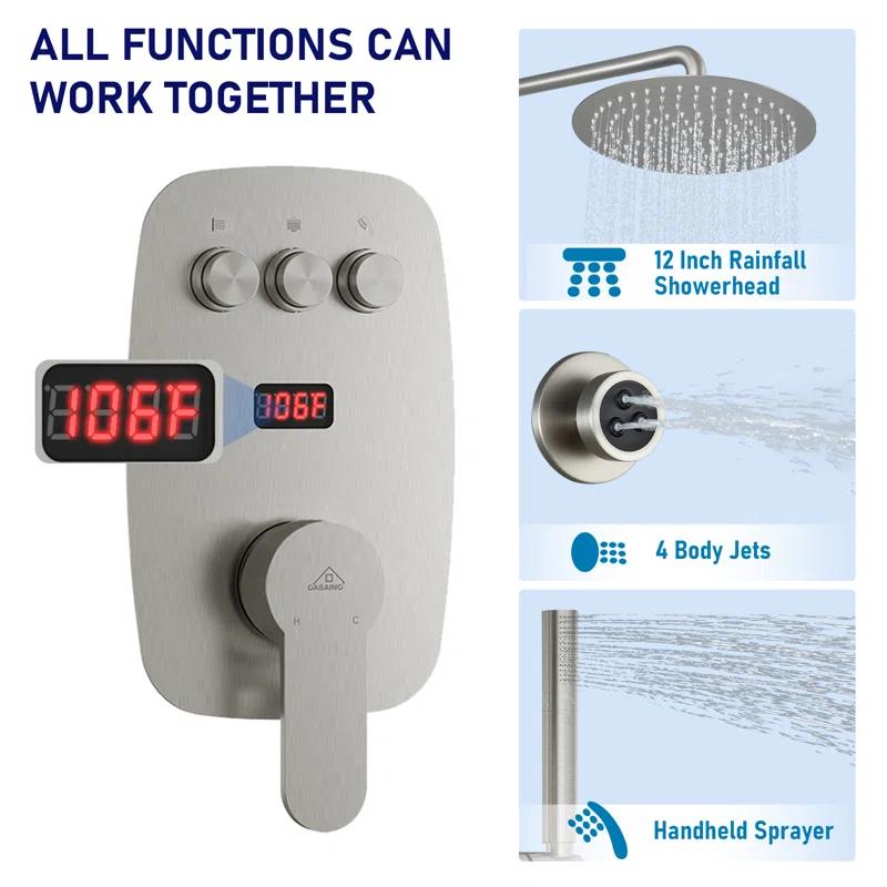 CASAINC 3-Function 12 Inch Temperature Digital Display Shower System With 2-Setting Slider Bar Handheld And 4Pcs Body Jets BR01009SX12BN