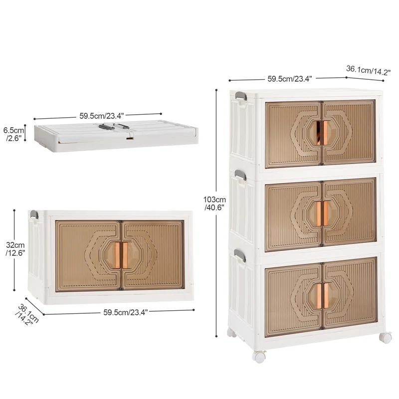 Rebrilliant Canas 3 Pack Stackable Storage Bins Folding Organizer Boxes Collapsible Closet With Doors Wheels Lids