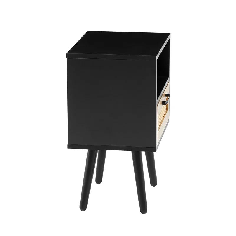 Corrigan Studio® 15.75 Rattan End Table Drawer Solid Wood Legs Modern Nightstand Side Table Living Room Bedroom Black