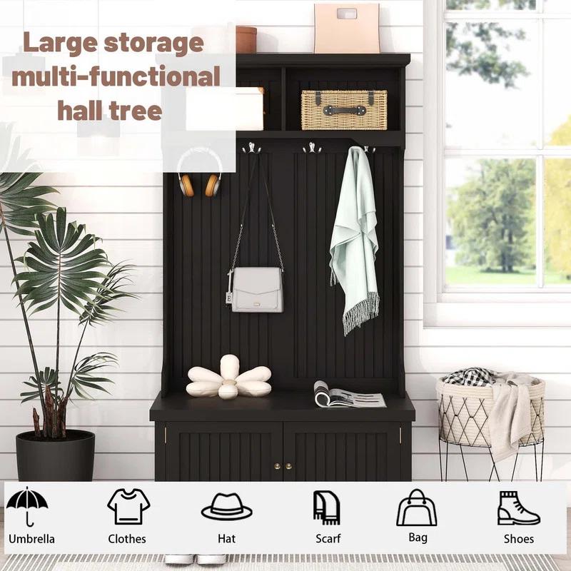 Infinity Hall Tree with Storage Shoe Bench for Entryway and Hallway, 4-in-1 Design Coat Racks with 4 Hooks for Living Room, Black