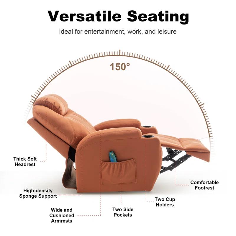 Recliner Chair, Rocking Chair with Massage and Heat, 360° Swivel Recliner Chairs for Adults, Rocker Manual Recliner with Remote Control and Cup Holder for Living Room