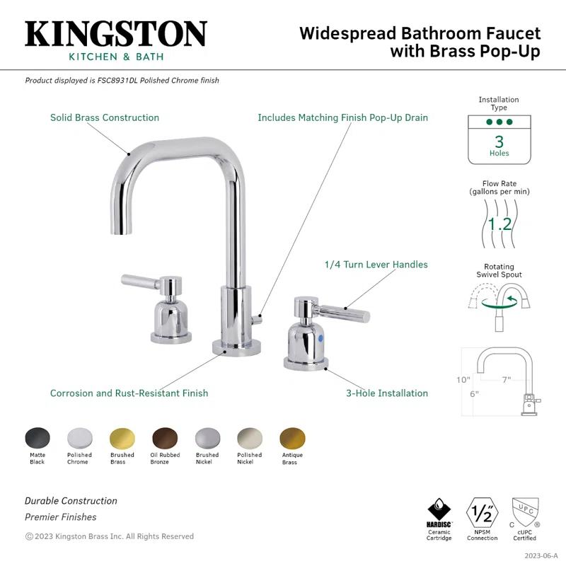 Kingston Brass FSC8931DL Kingston Brass Concord Two-Handle 3-Hole Deck Mount Widespread Bathroom Faucet with Brass Pop-Up Drain