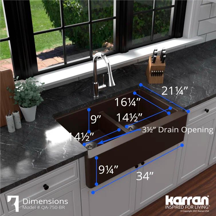 Karran Karran Quartz 34'' X 21-1/4'' 50/50 Double Bowl Farmhouse/Apron Front Kitchen Sink Kit QA-750-BR-PK1