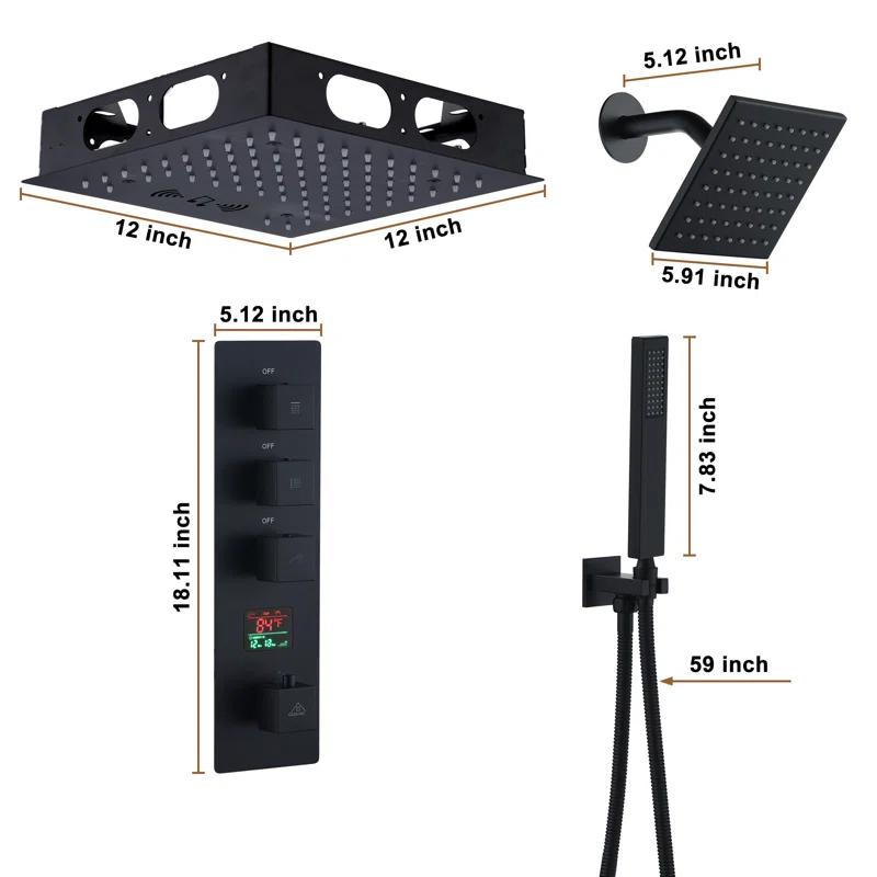 3 Functions 12 Inch Ceiling Mounted Thermostatic Shower System with 6 Body Jets