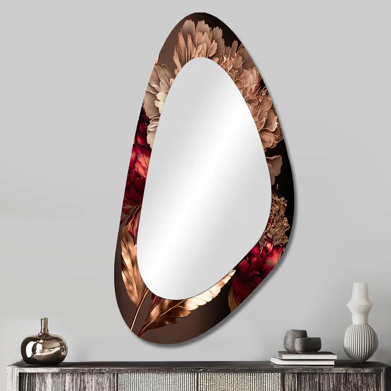 Design Art Gilded Rose Vintage Glam IV - Floral Asymmetrical Decorative Wall Mirror, Pink Unique Shape Large Mirror, Printed Metal Art