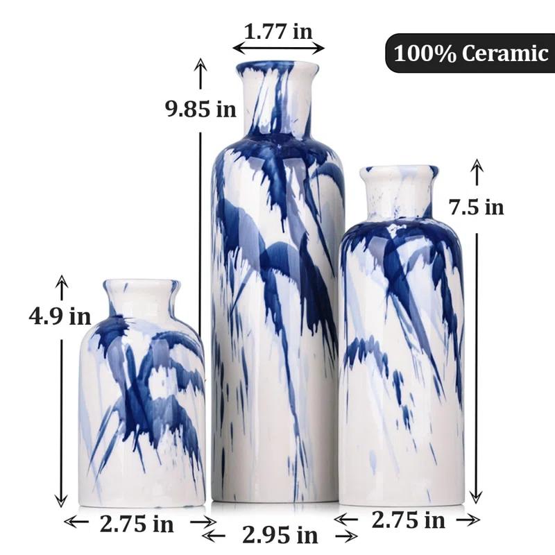 Orren Ellis Blue Ceramic Vase Set Of 3 - Decorative Navy Blue And White Vase For Centerpieces, Farmhouse And Home Decor - Ideal For Living Room, Kitchen, Bedroom, Dining Table And Office Decor