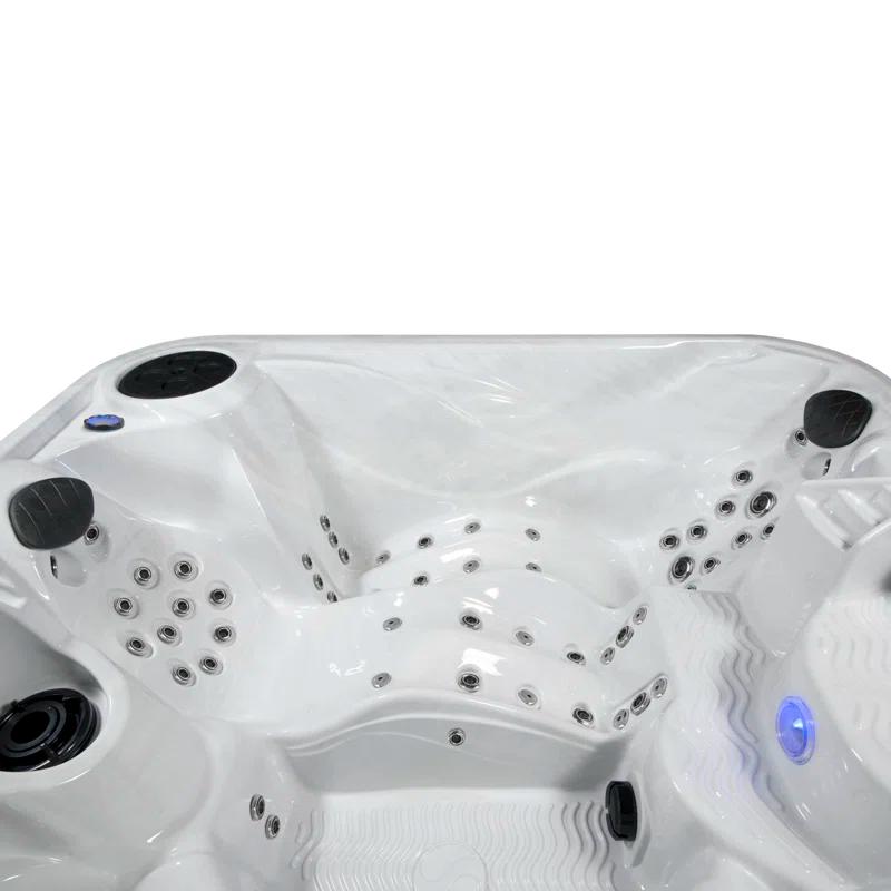 Amplified 6-Person 100-Jet Double-Lounger Hot Tub Spa with Bluetooth Stereo, 3 Pumps, LED Lighting, Stainless Steel Heater and Ozonator, Insulated Cover and Steps Included