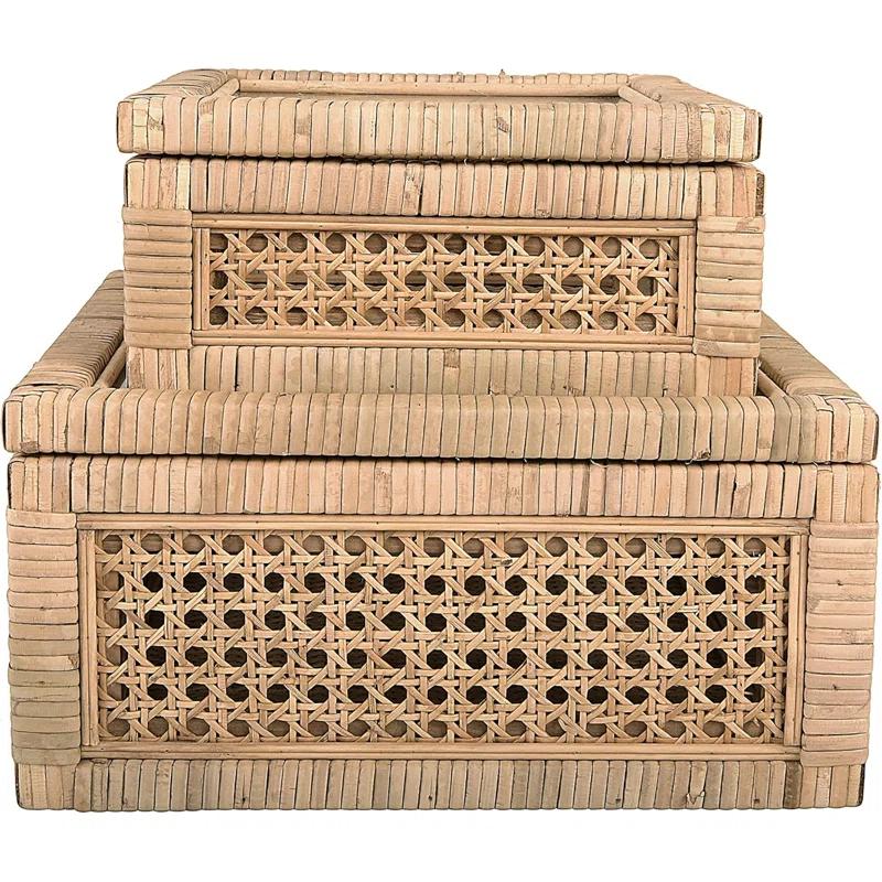 Bayou Breeze Modern Decorative Square Woven Rattan And Wood Display Boxes With Glass Top, Set Of 2 Sizes, Natural Finish