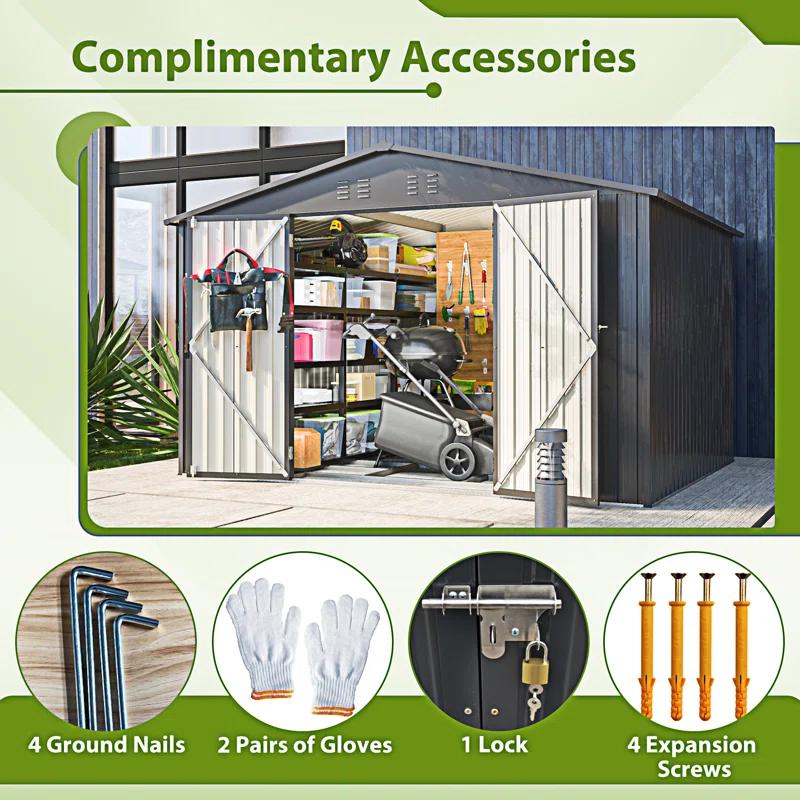 Wentygam 10X8 FT Outdoor Storage Shed, All Weather Metal Sheds With Lockable Doors, Tool Shed For Garden, Patio, Backyard, Lawn, Black