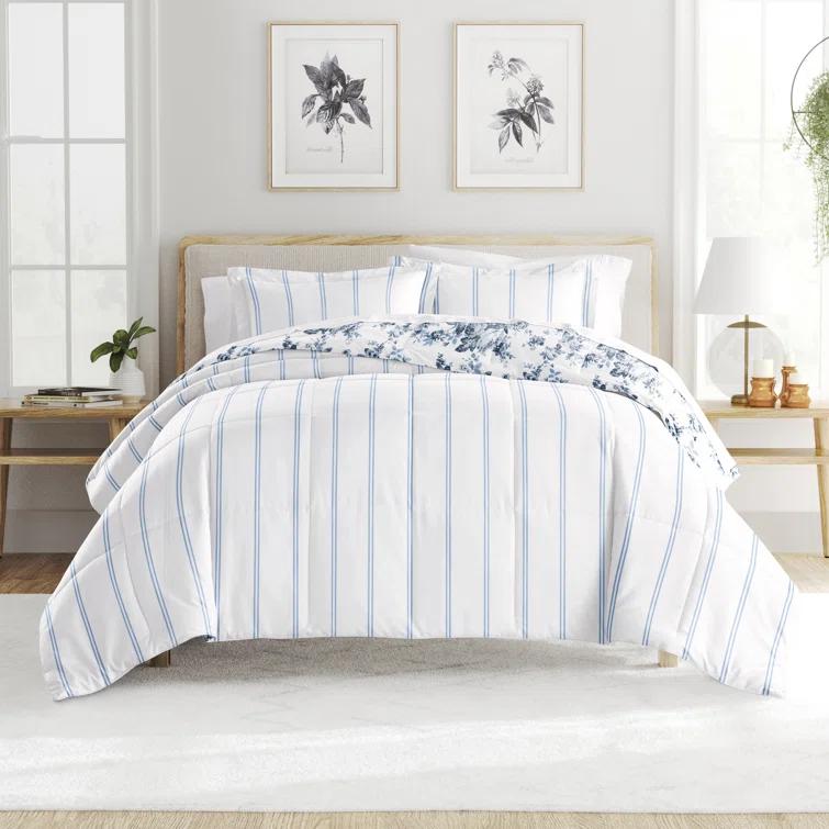 Becky Cameron Stone All Season Down-Alternative Comforter Set in Cabbage Rose Stripe & Reviews | Wayfair