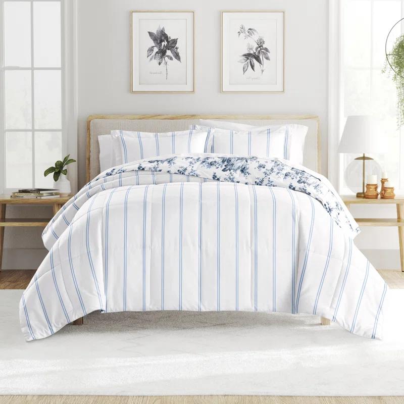 Becky Cameron Stone All Season Down-Alternative Comforter Set in Cabbage Rose Stripe & Reviews | Wayfair