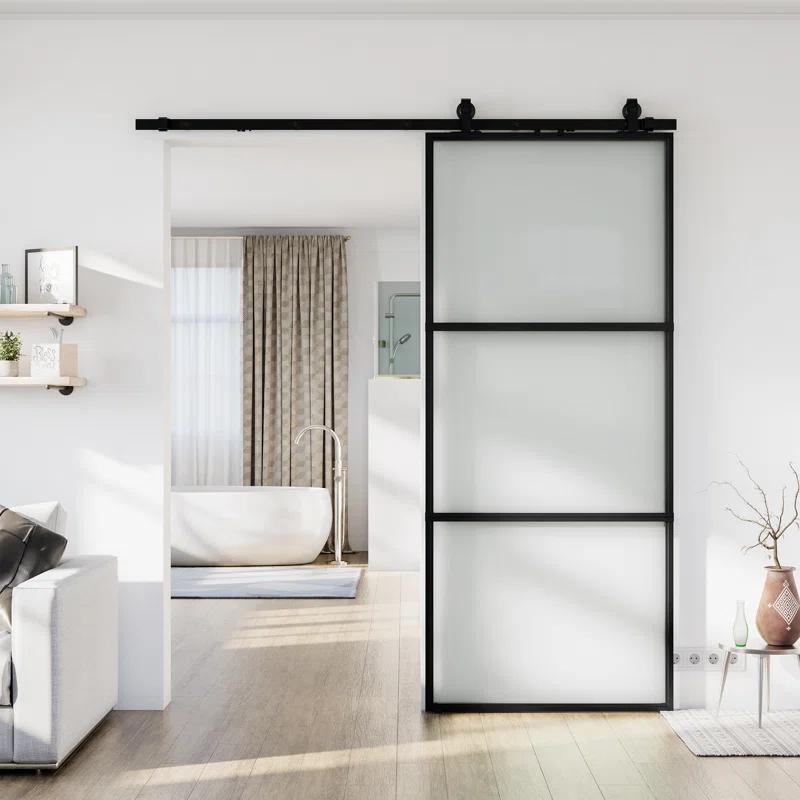 Metal and Glass Sliding Barn Door with Installation Hardware Kit ( Soft-close Included)