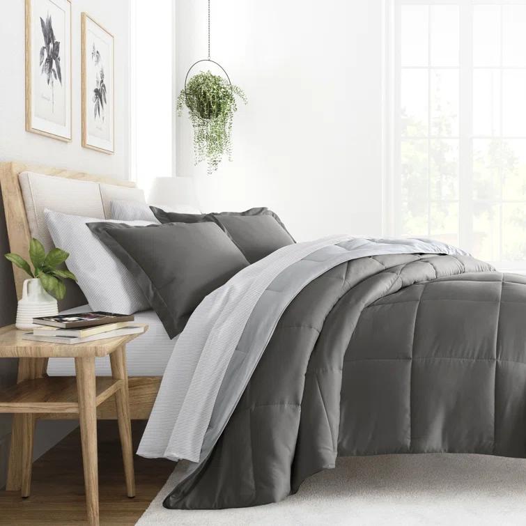 IEnjoy Home 7-Piece Reversible Bedding Bundle - Solid Comforter and Patterned Sheet Set