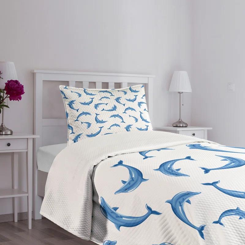 Ambesonne Ambesonne Dolphin Bedspread Set Wildlife Under the Sea Blue White