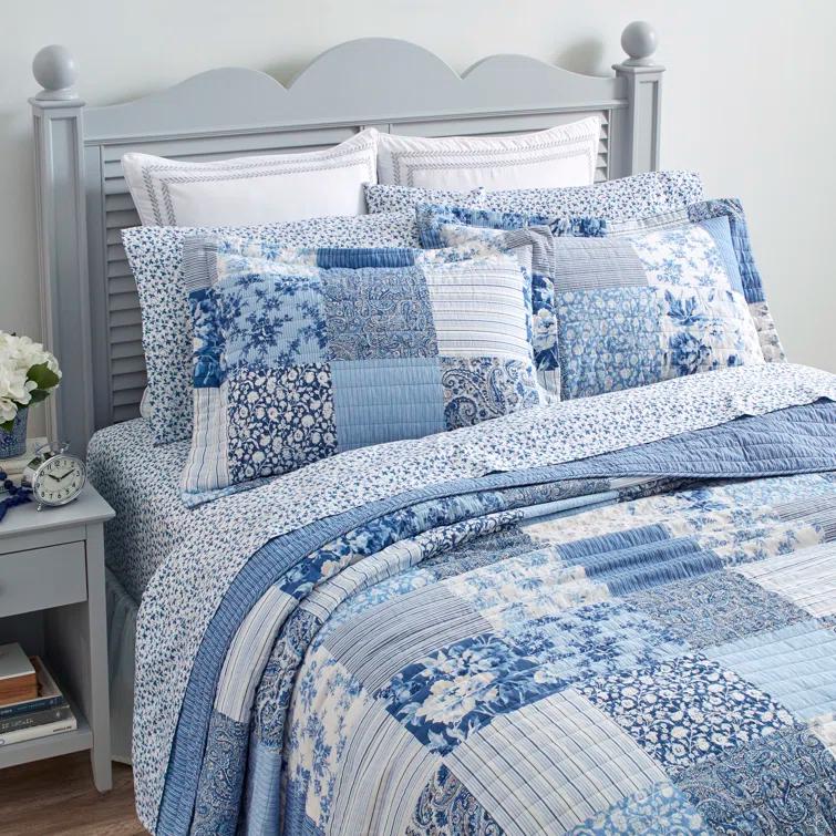 Laura Ashley Laura Ashley Paisley Patchwork Cotton Reversible Blue Quilt Set