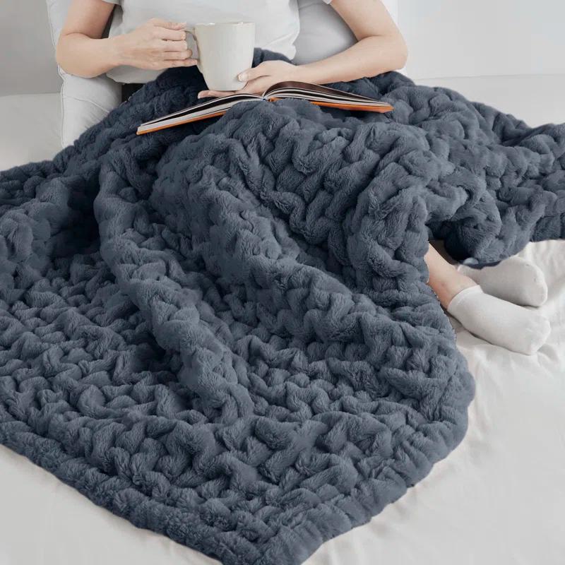 Madison Park Slate Blue Ruched Fur Throw 50x60"