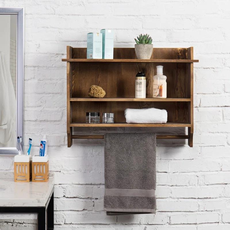 Solid Wood Wall Mounted Bathroom Shelves with Towel Bar