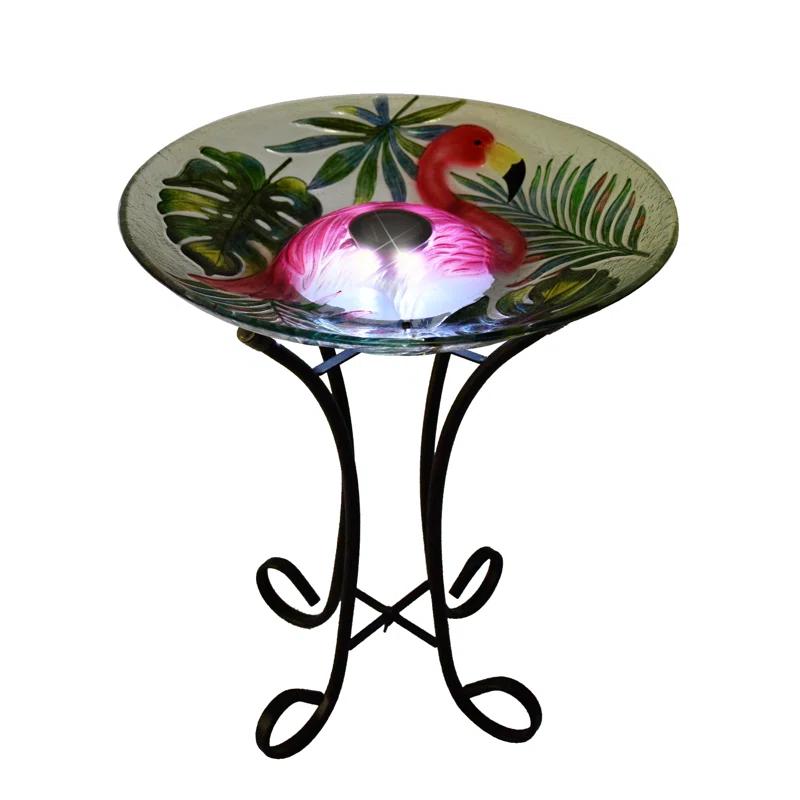 Hi-Line Gift Ltd. Solar LED Verdant Glass Bird Bath with Stand - Flamingo