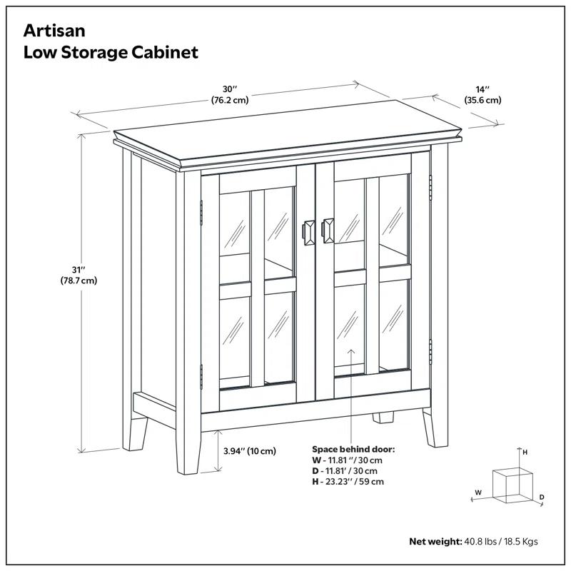 Simpli Home Artisan 30"W Solid Wood 2-Shelf Low Storage Cabinet with Glass Doors and Adjustable Shelves
