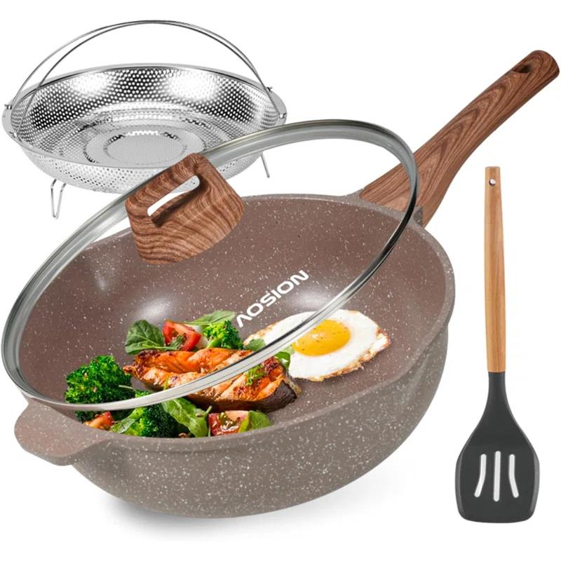 ARC 11 Inch Nonstick Deep Frying Pan Skille With Lid,5qt Sauté Pan For Cooking With Steam Rack,healthy Large Skillet,stay Cool Handle, Induction Compatible, Pfoa & Pfas Free. (brown)