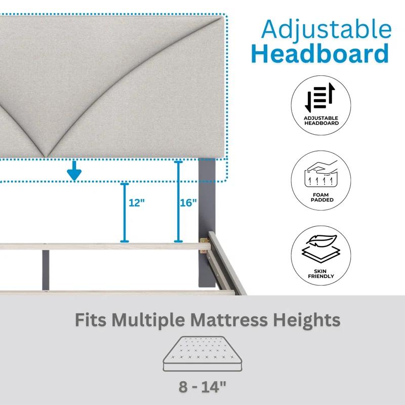 Boyd Sleep Boyd Sleep Rochelle Queen Upholstered Linen Platform Bed, Adjustable Height Headboard, 4 slat wood support Requires Bed Spring