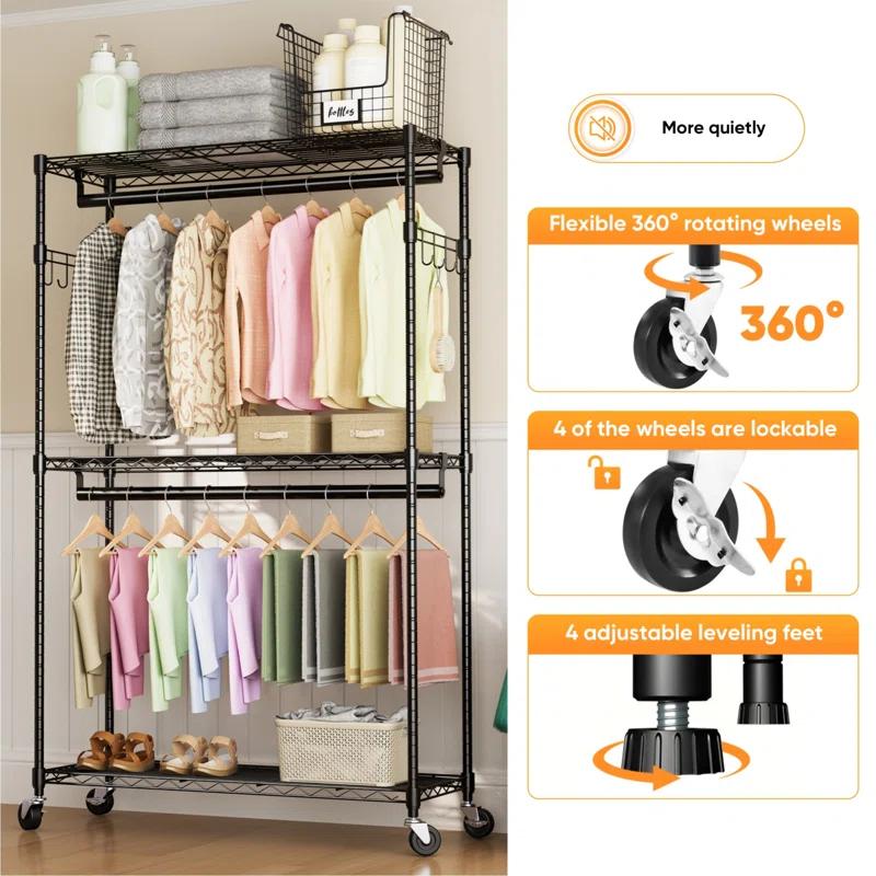3 Tiers Rolling Clothes Rack With Wheels, Hanging Rods And Side Hooks