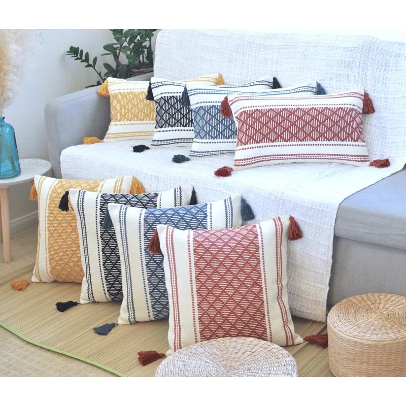 Oveesha Boho Lumbar Pillow Covers With Tassels, Outdoor/ Indoor Cotton Woven Rectangular Pillowcases (Set of 2)