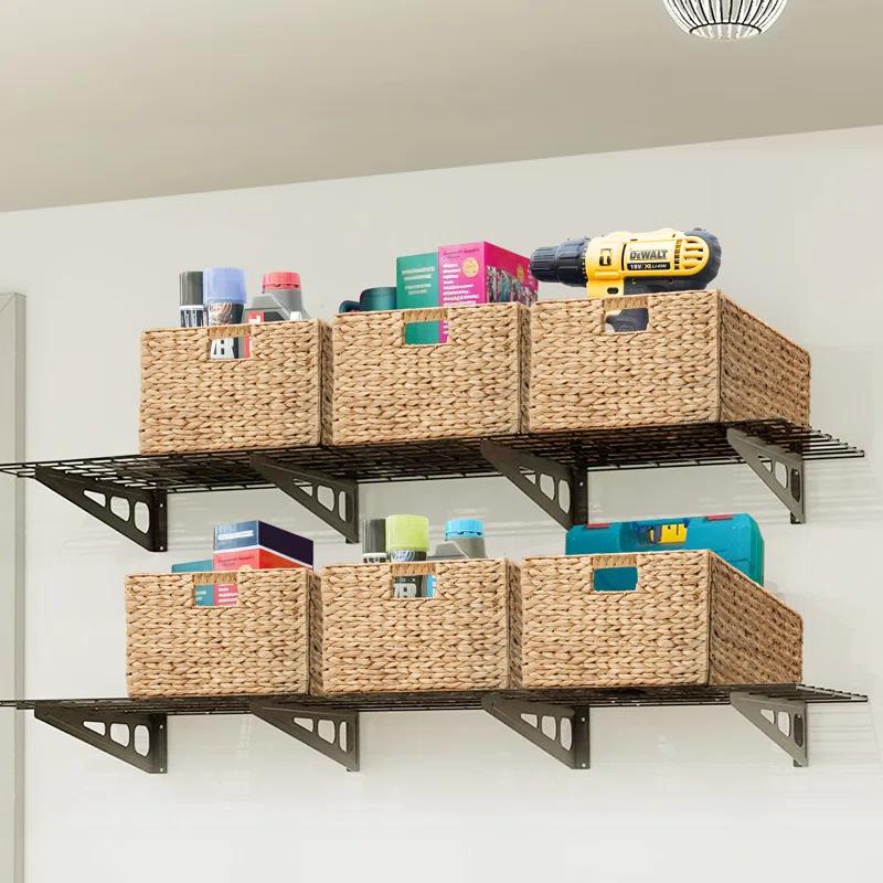 Rectangular Natural Water Hyacinth Hand Woven Rattan Wicker Storage Basket Set with Iron Wire Frame